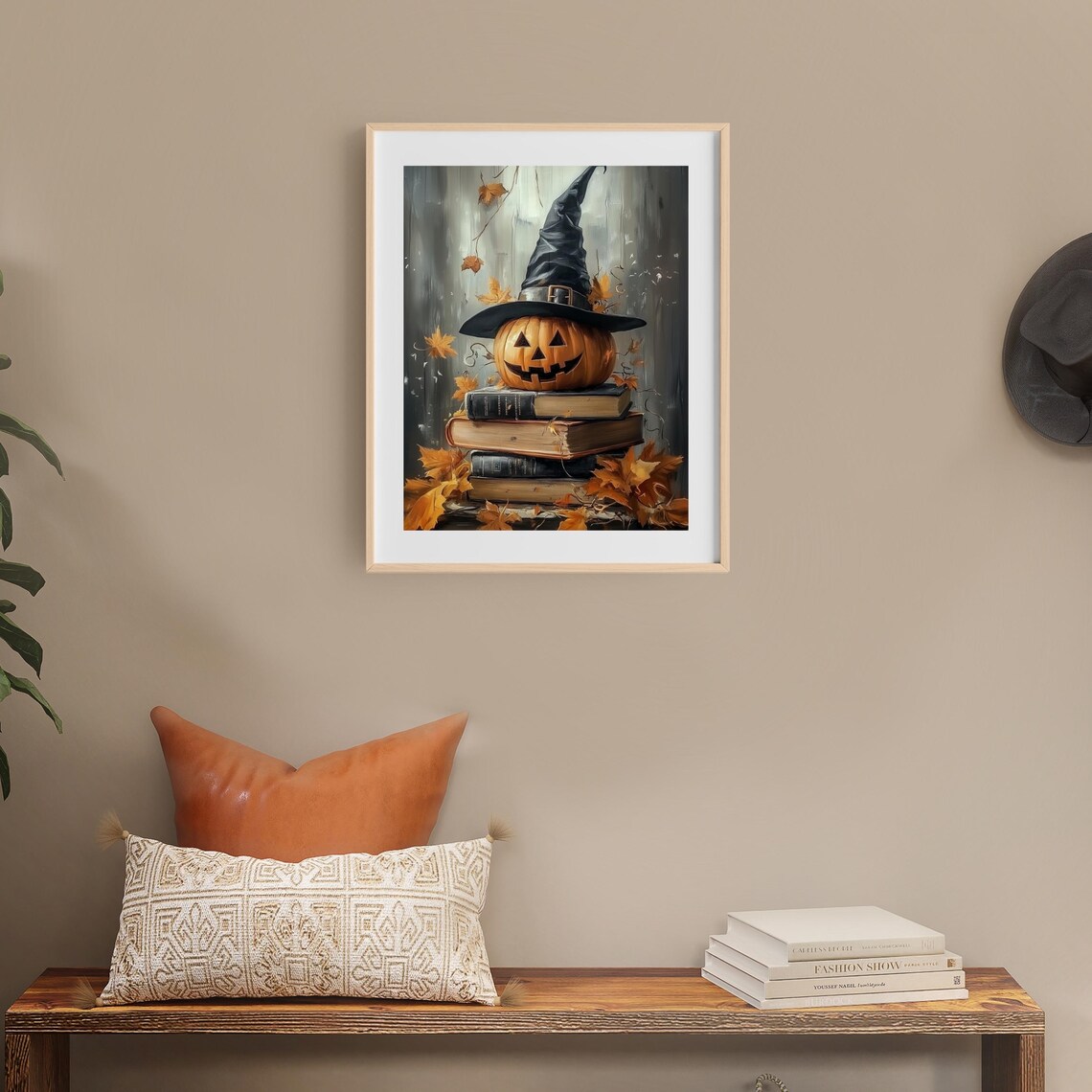 Jack-O-Lantern with Witch Hat on Books Halloween Painting Poster - Image 5