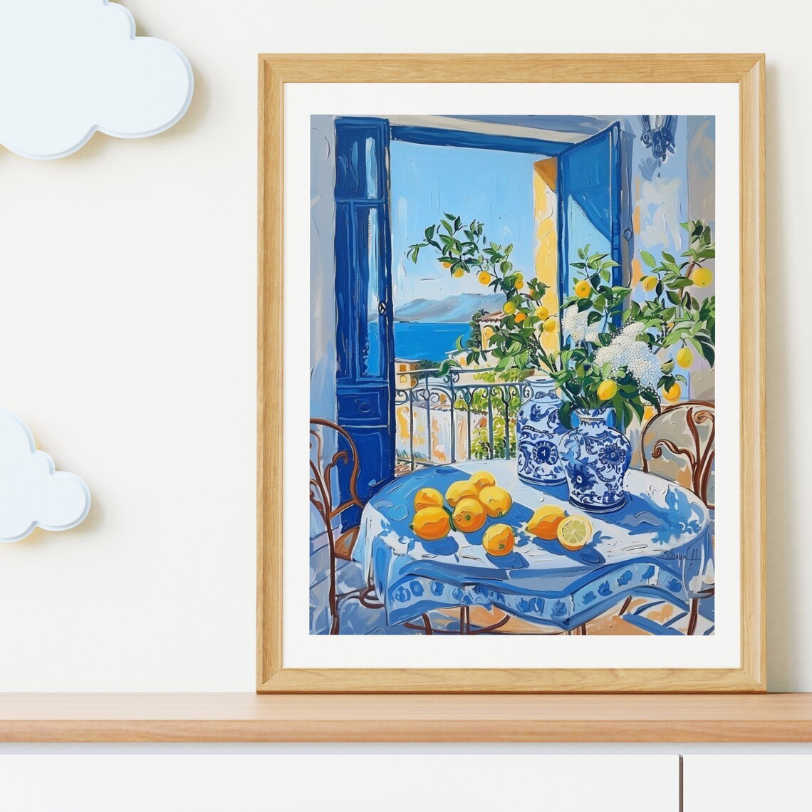 Sunny Mediterranean Balcony with Lemons and Blue Shutters Painting Poster - Image 4
