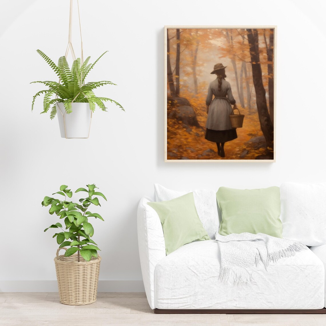 Woman with Basket Walking Through Golden Autumn Forest Poster - Image 3