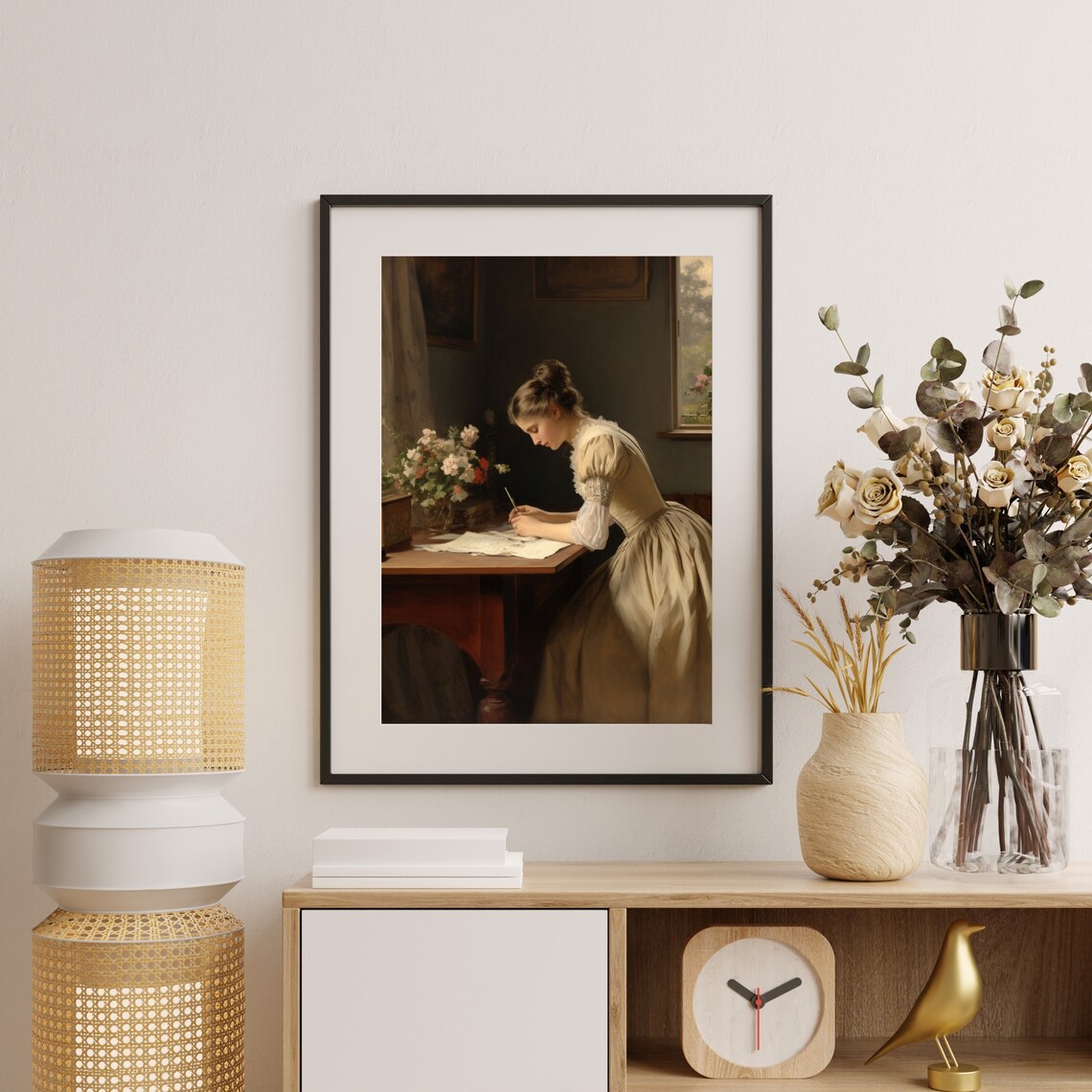 Vintage Woman Writing Letter at Desk by Window Antique Oil Painting Poster - Image 6