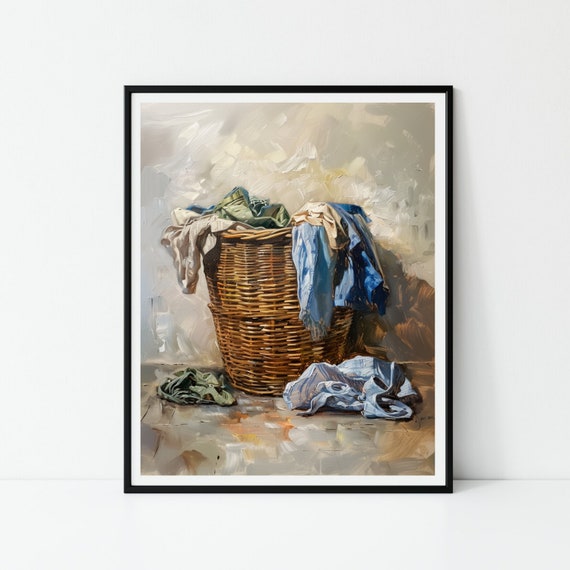 Laundry Room Oil Painting Rustic Home Decor Vintage Laundry Basket Wall Art Farmhouse Decor Cottagecore Art Still Life 557
