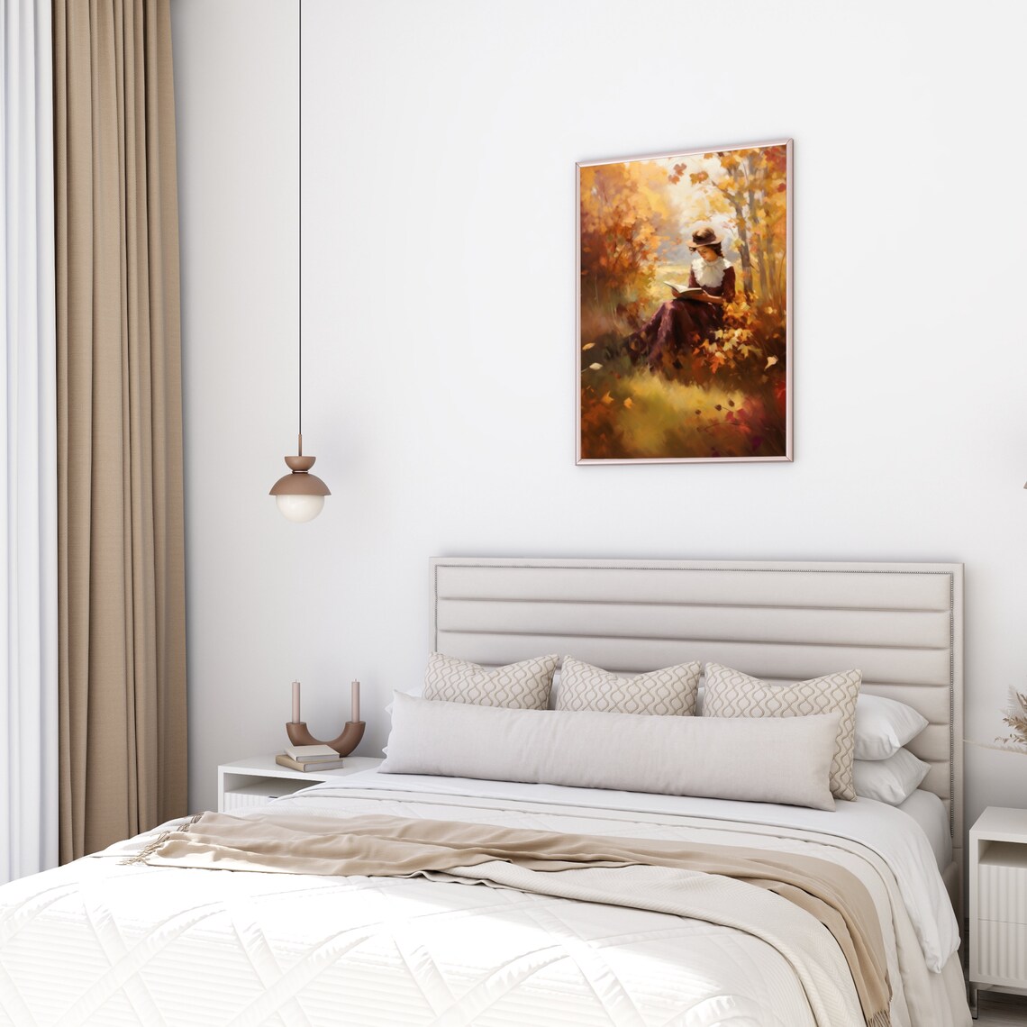Book Lover Woman Reading in Golden Autumn Forest Painting Poster - Image 4