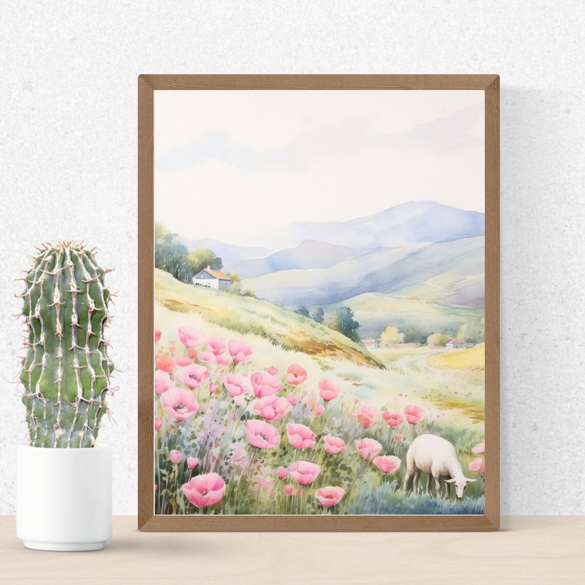 Pink Poppy Field with Grazing Sheep Watercolor Mountain Landscape Poster - Image 3