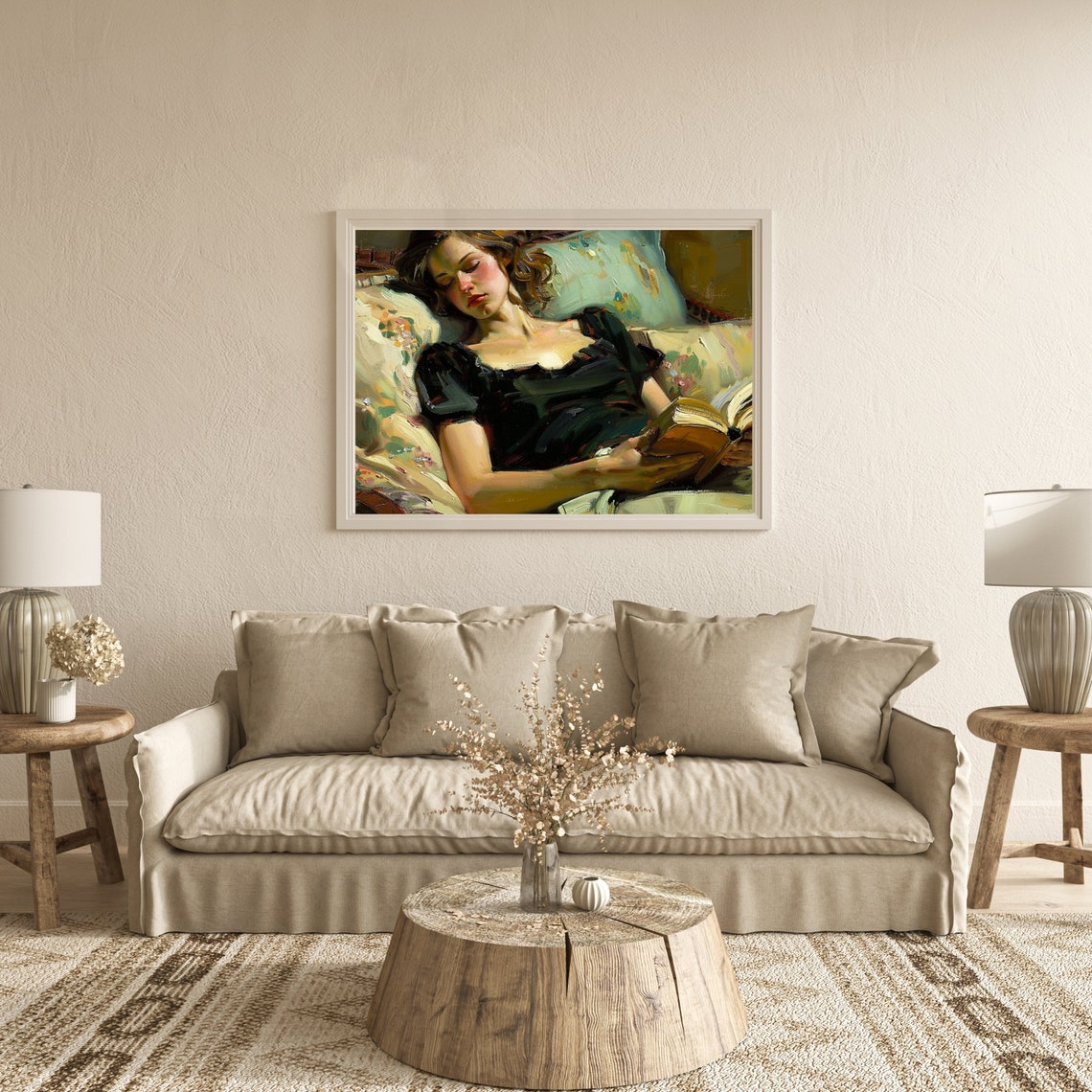 Young Woman Reading Book On Floral Chaise Vintage Oil Poster - Image 3