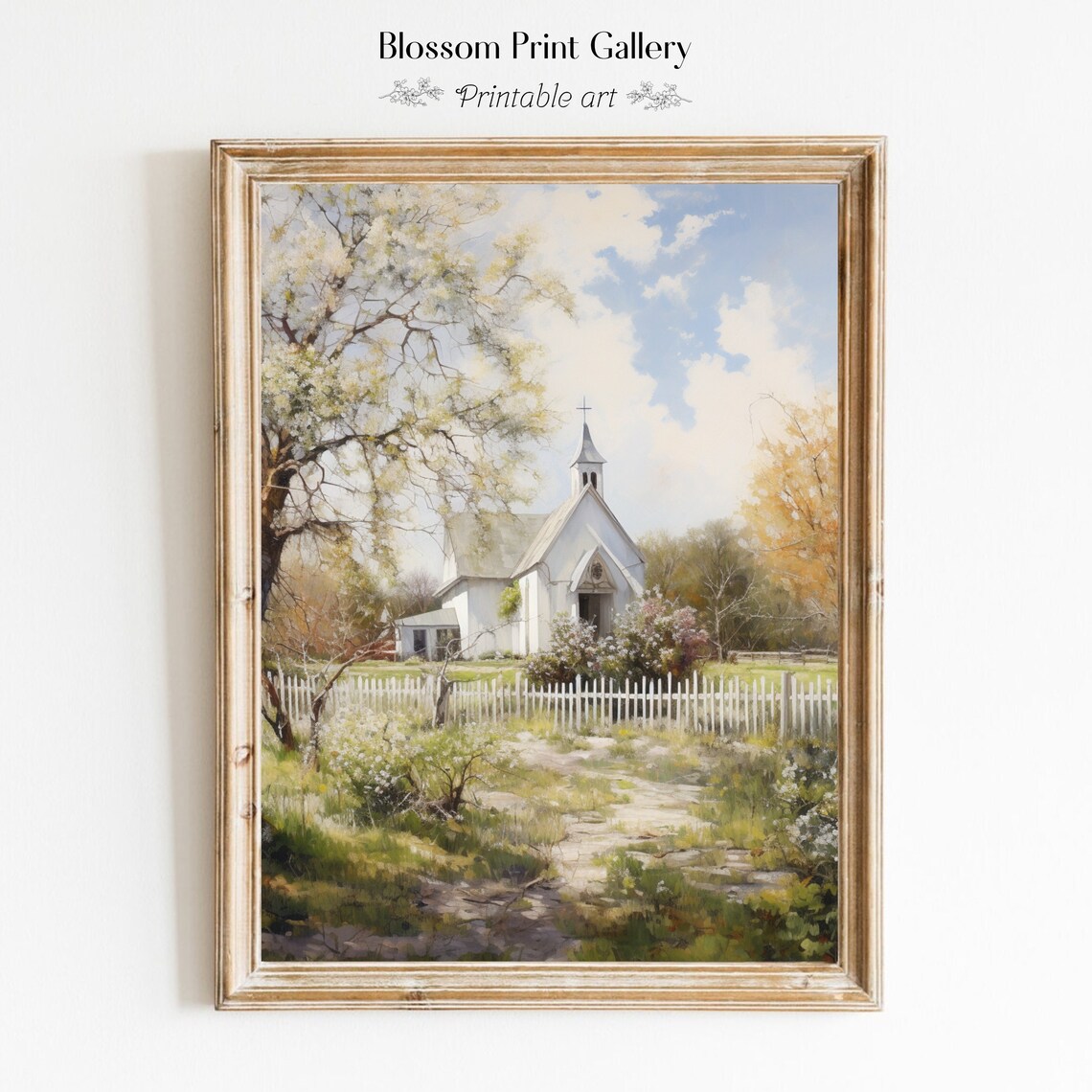 Vintage Old Church Print Spring Landscape Oil Painting Farmhouse Decor Living Room Wall Art Country Scenery 516 - Image 6