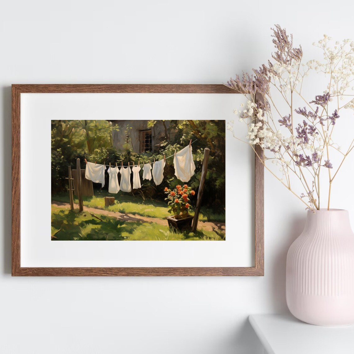 White Laundry Drying On A Clothesline In A Sunny Garden Painting Poster - Image 6