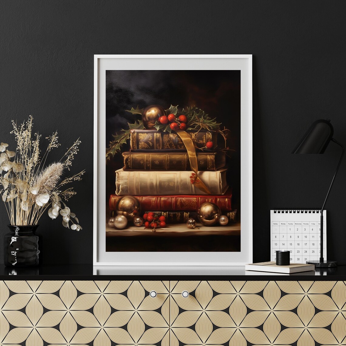 Vintage Books Christmas Ornaments Holly Dark Academia Art Poster - Image 6