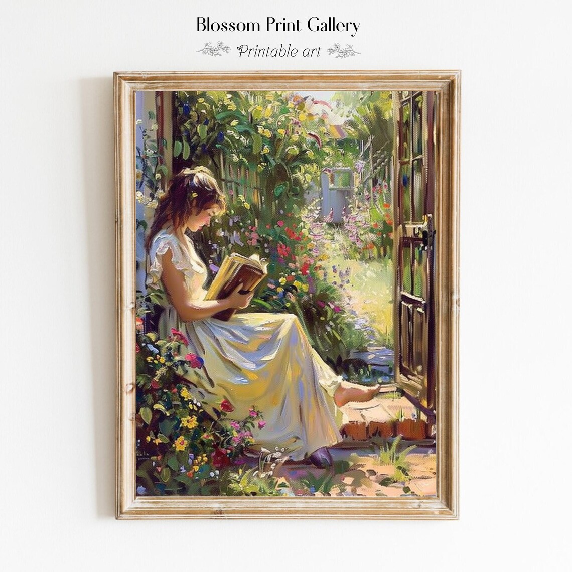 Woman Reading Book in Blooming Garden Impressionist Painting Poster