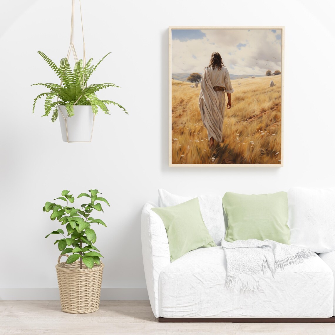Jesus Walking In Wheat Field With Sheep Golden Christian Art Painting Poster - Image 6