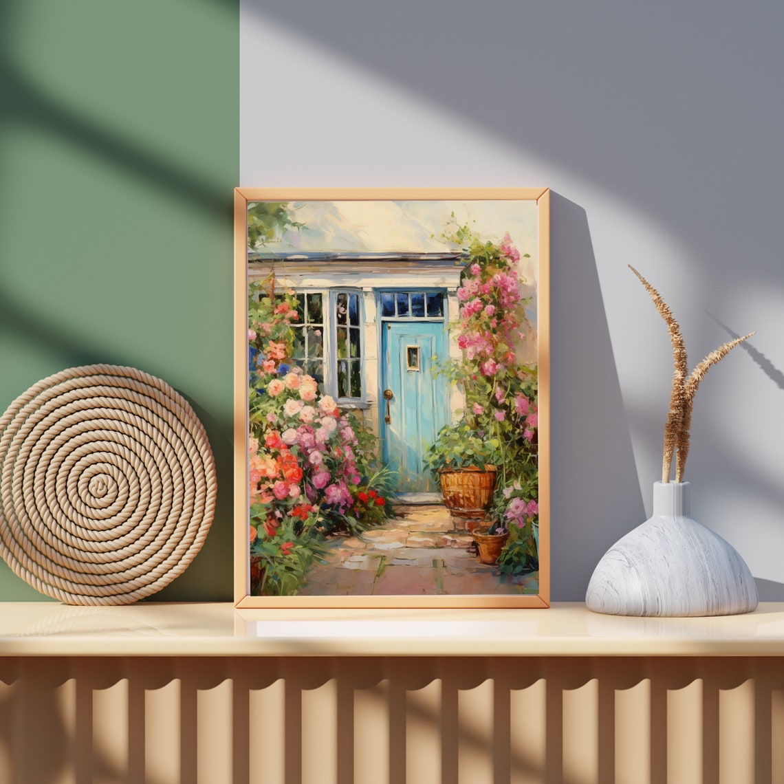 Charming Blue Cottage Door with Climbing Pink Roses Garden Poster - Image 4