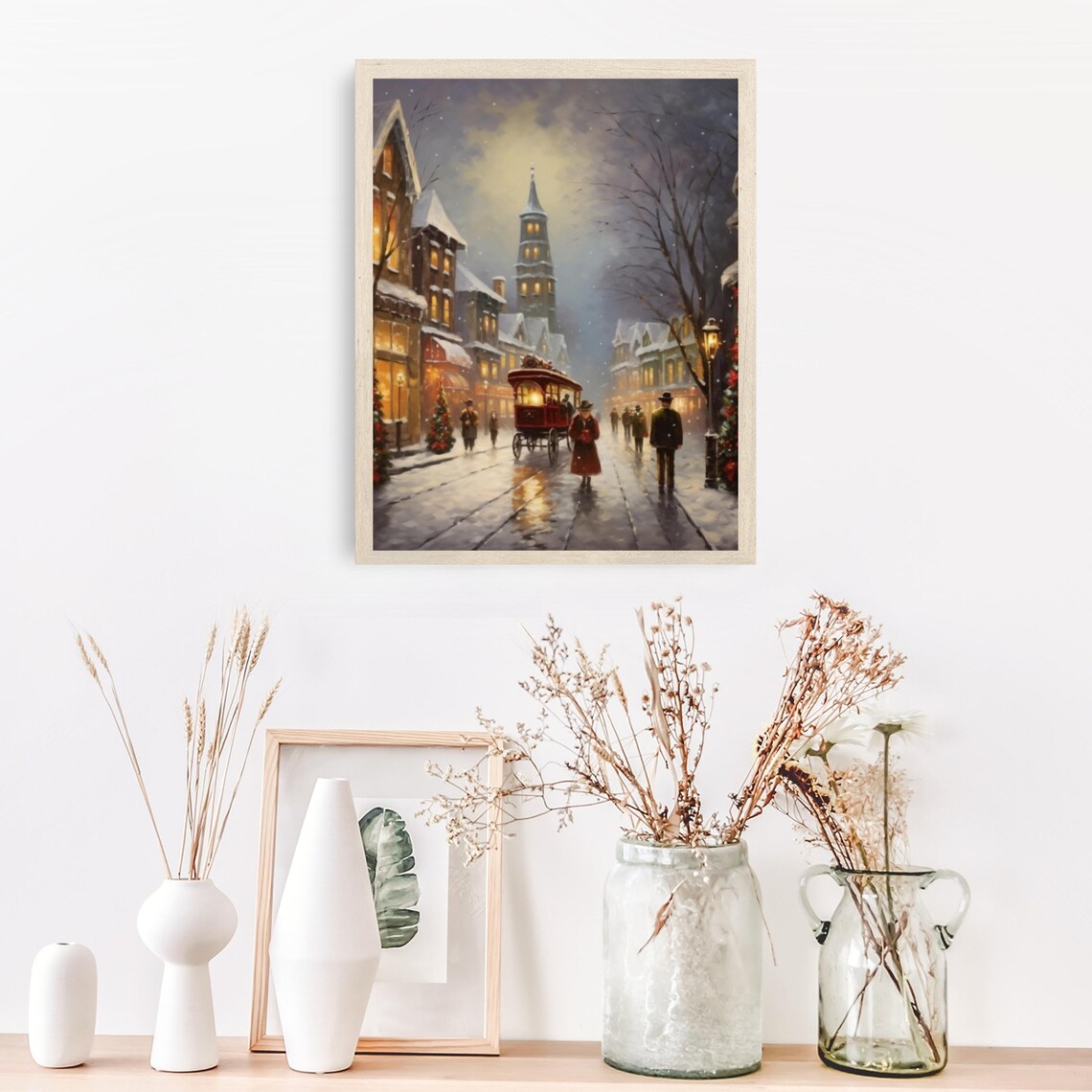 Victorian Christmas Street With Horse Drawn Trolley In Snowfall Poster - Image 3