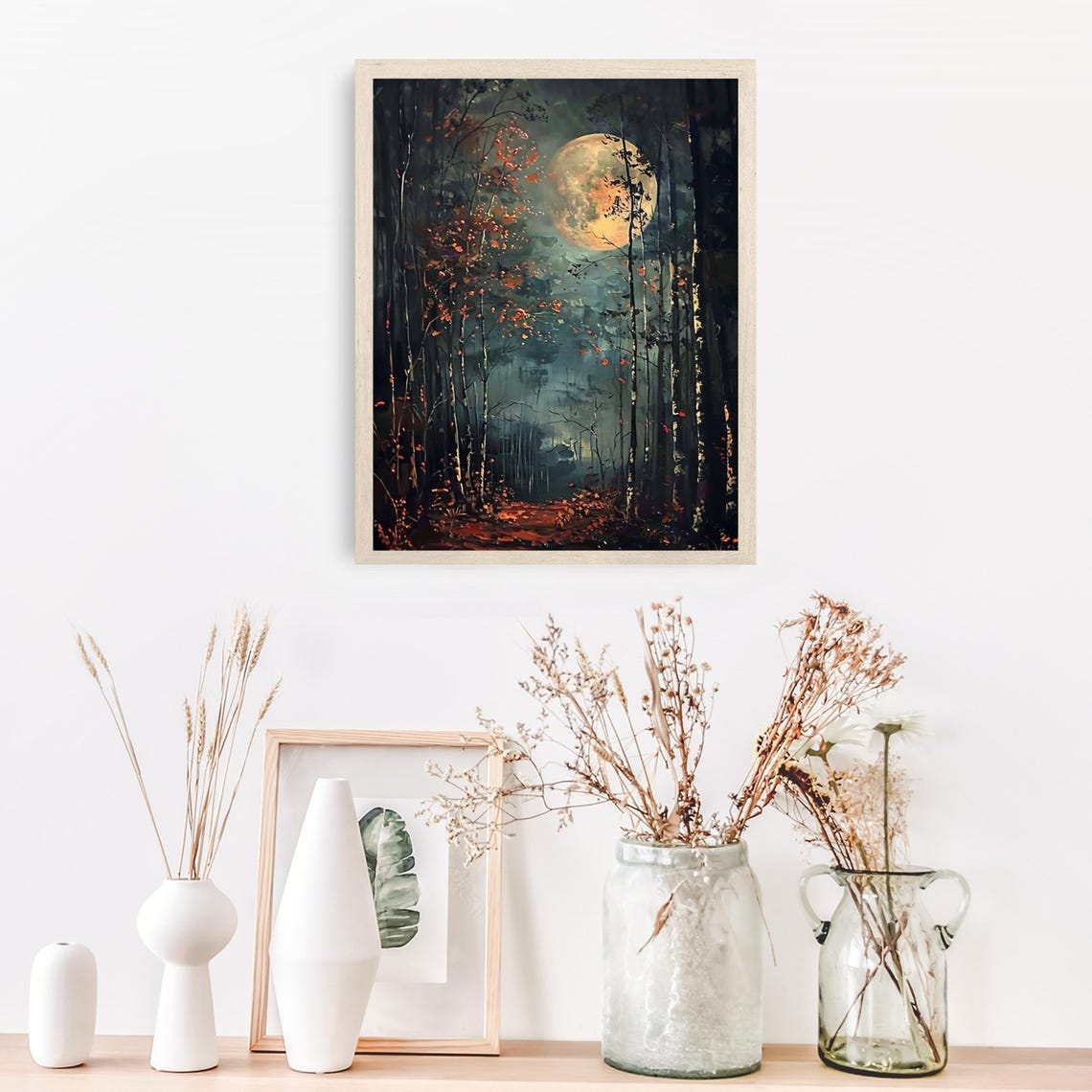 Glowing Full Moon Over Dark Forest on Autumn Night Landscape Poster - Image 5