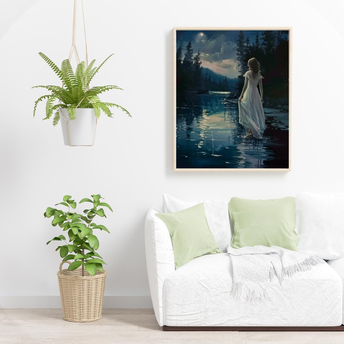 Moonlit Woman Wading Lake Midnight Water Landscape Art Poster - Image 3