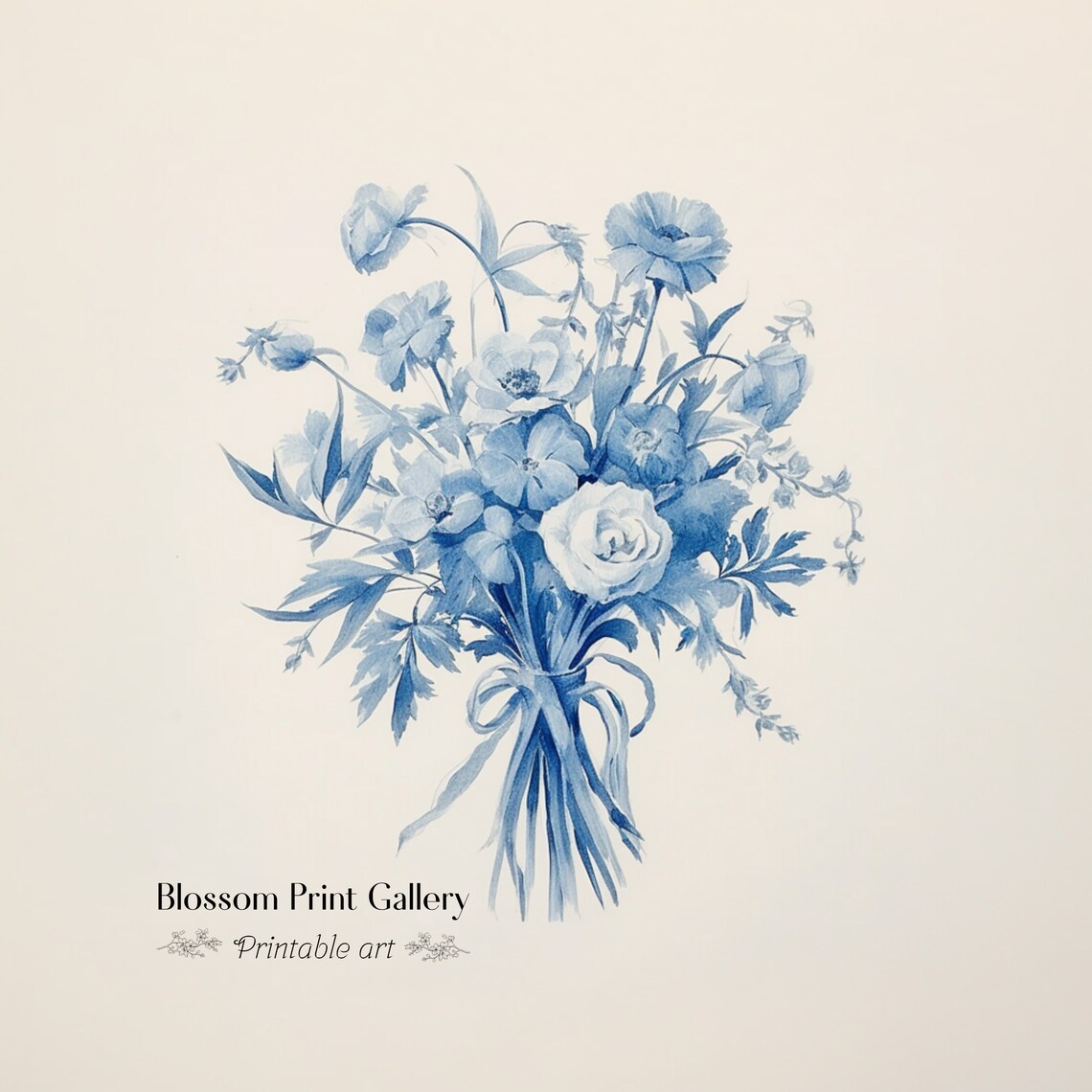 Blue And White Bouquet Botanical Sketch Vintage Floral Poster - Image 2