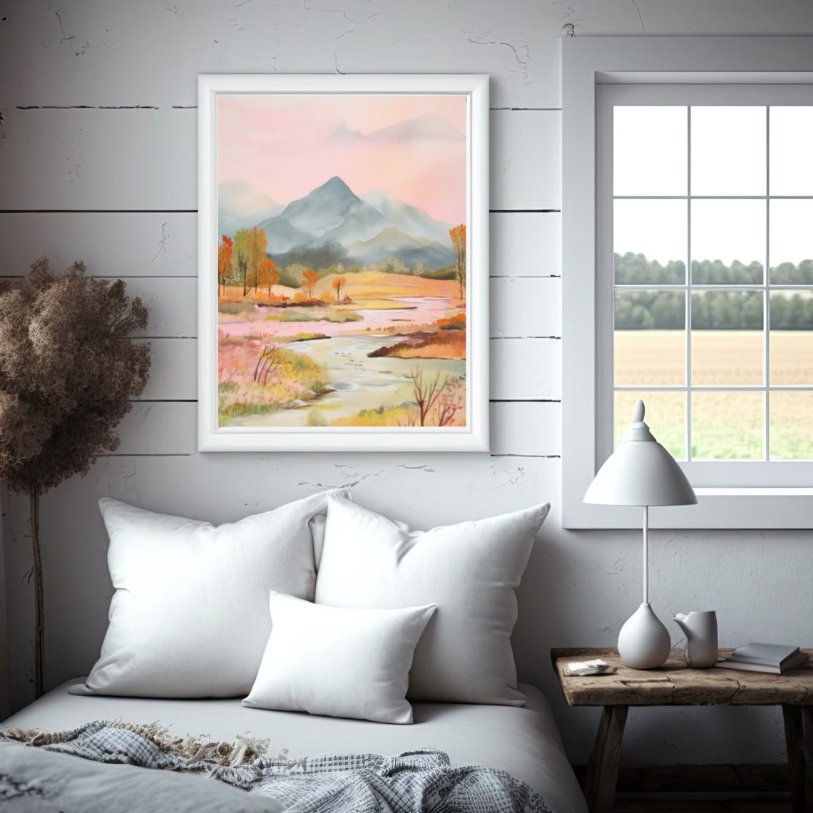 Pastel Watercolor Mountain Valley Meadow Stream Painting Poster - Image 5