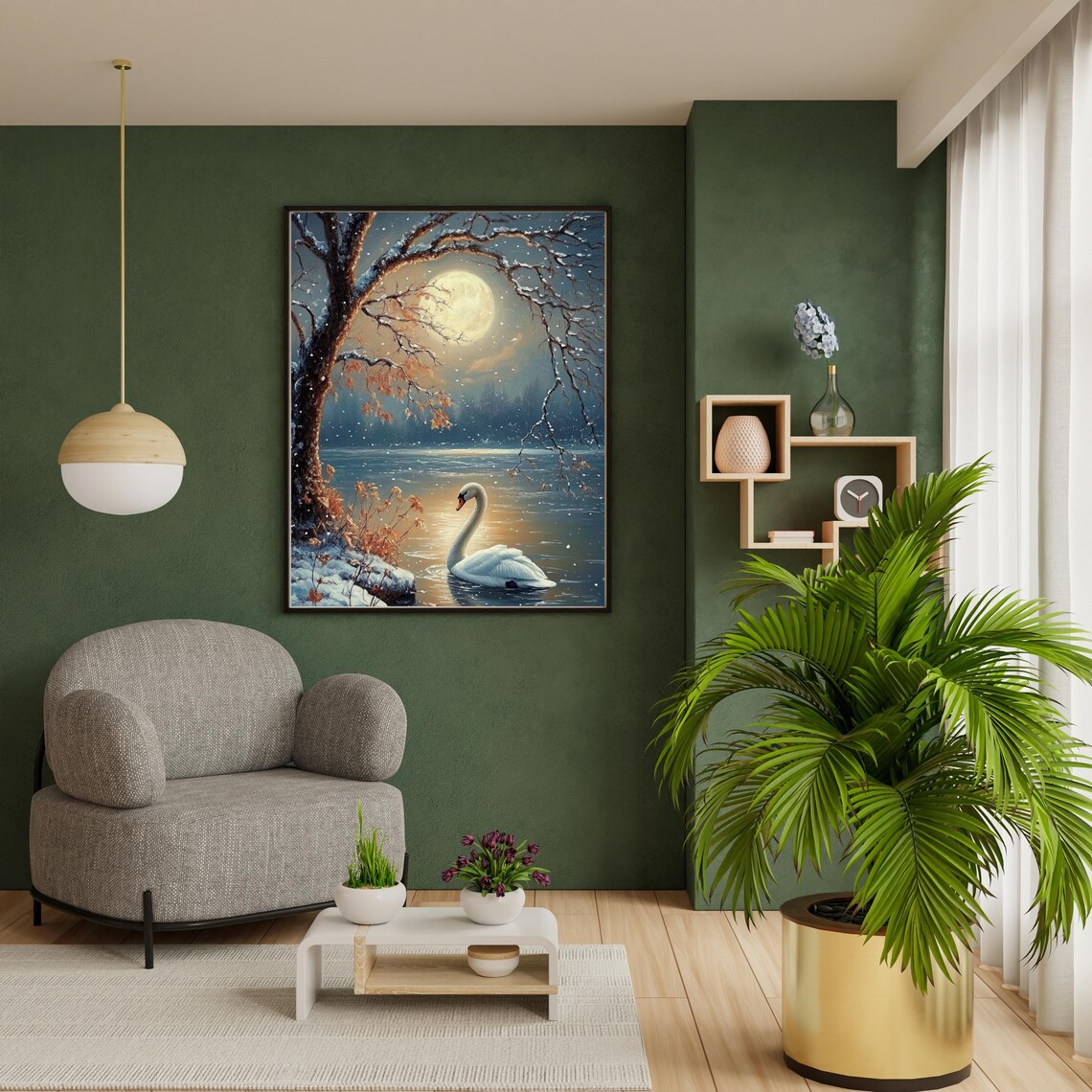 White Swan on Moonlit Winter Lake with Snowy Branches Night Painting Poster - Image 6
