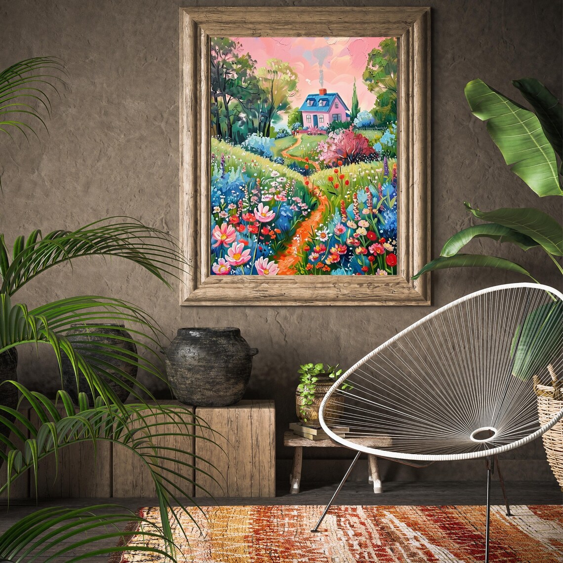 Colorful Farmhouse With Pink House Wildflower Path Pink Sky Art Poster - Image 4