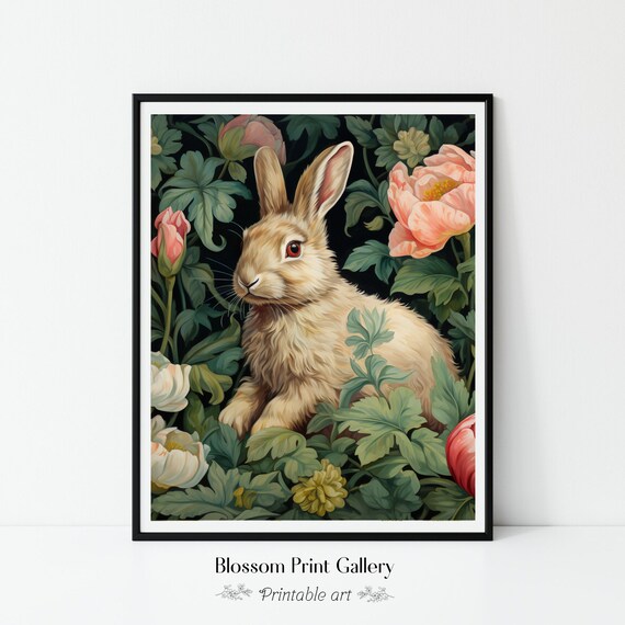 Rabbit in a Vintage Peony Garden Painting Morris Style Poster