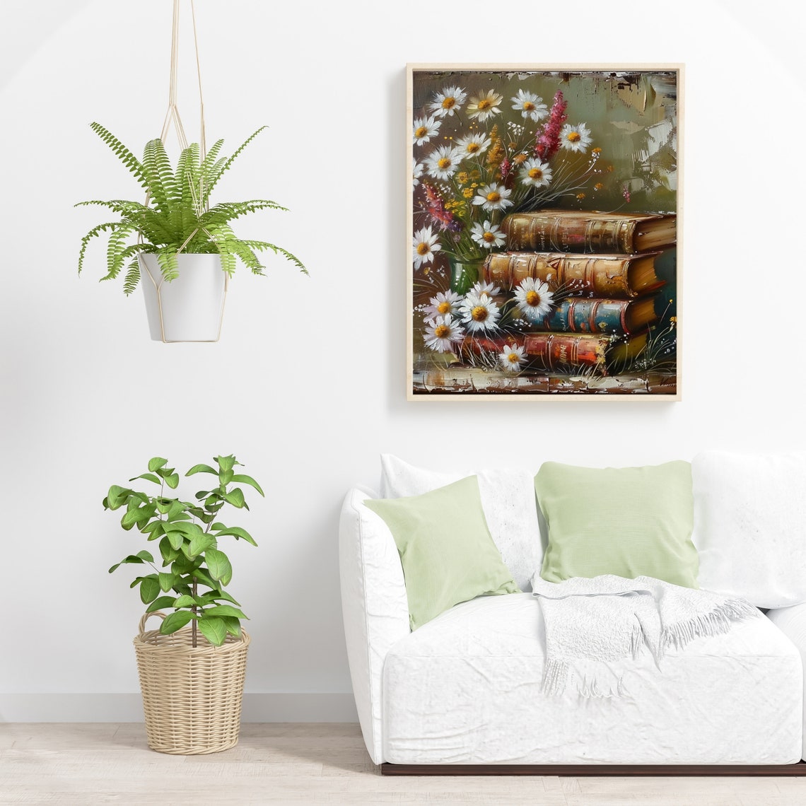 White Daisies with Stacked Antique Books Floral Artwork Poster - Image 4