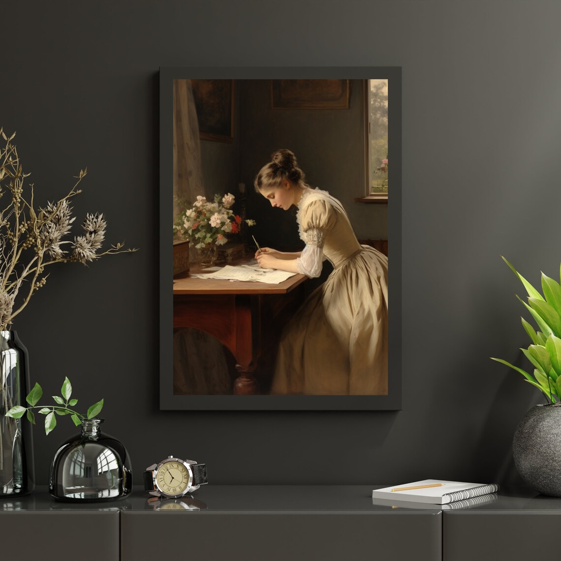 Vintage Woman Writing Letter at Desk by Window Antique Oil Painting Poster - Image 5