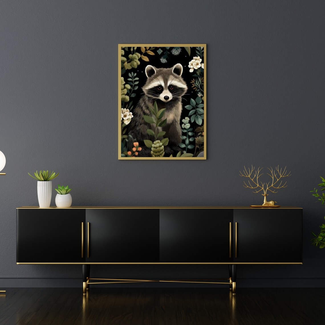 Raccoon Among Flowers Dark Botanical Folk Art Cute Woodland Animal Poster - Image 3