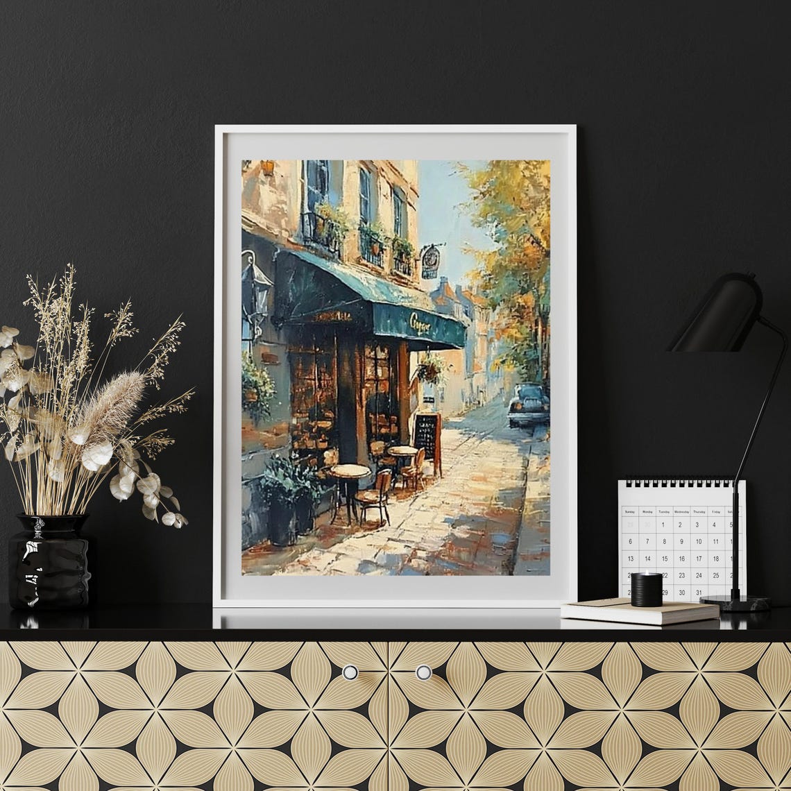 Sunlit Parisian Cafe Corner On Cobblestone Street Painting Poster - Image 4