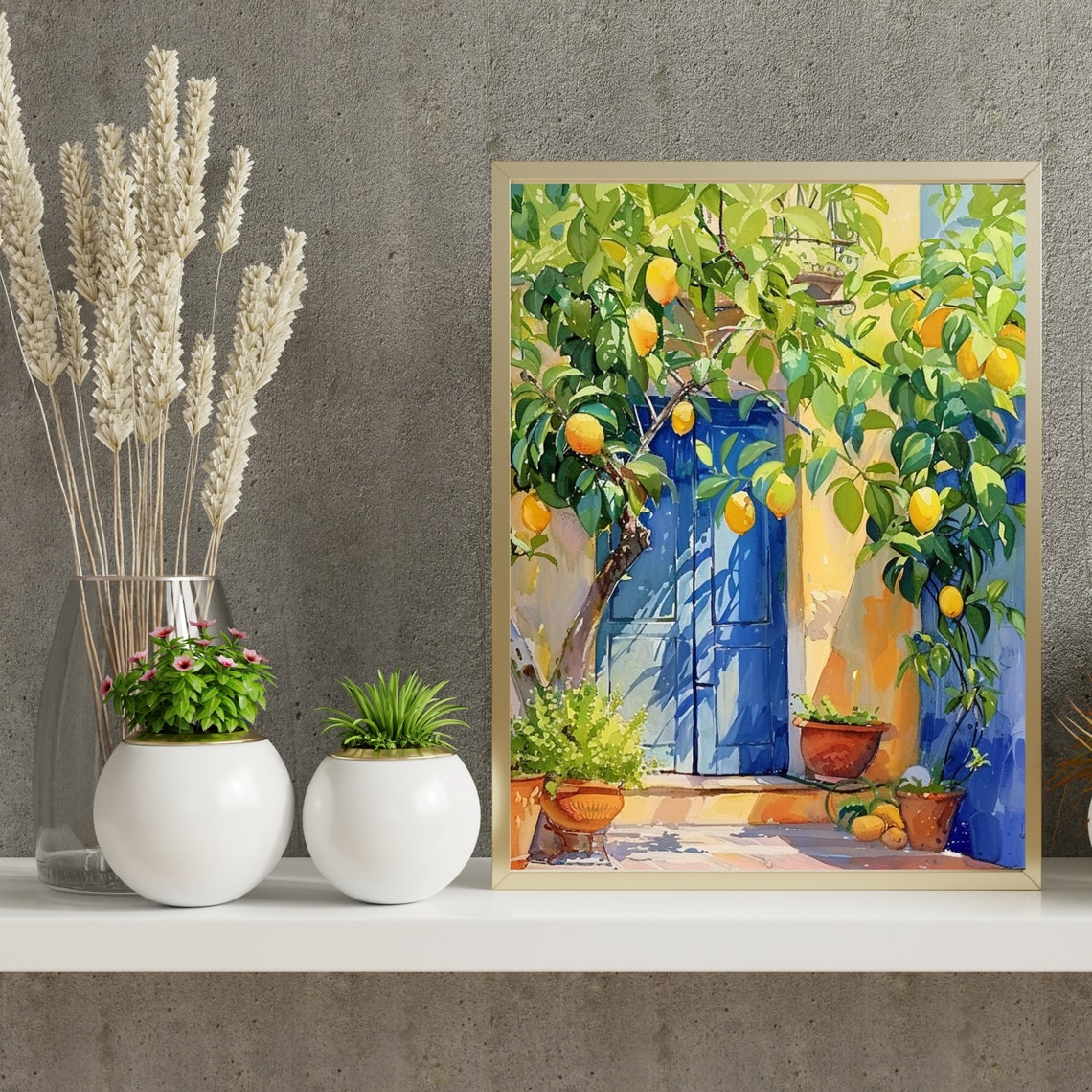Mediterranean Lemon Tree by Blue Door Watercolor Painting Poster - Image 4