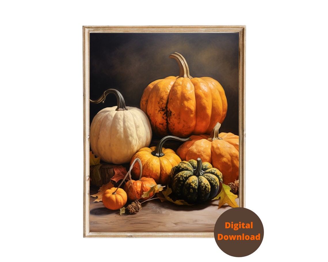 Pumpkin And Gourd Still Life Painting On Dark Background Fall Poster - Image 5
