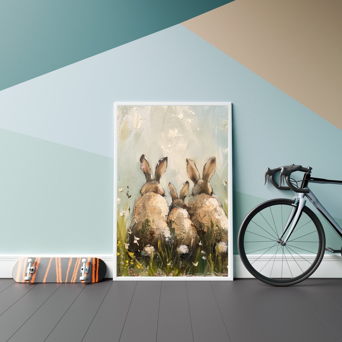 Three Rabbits Watching Wildflower Meadow Cute Bunny Painting Poster - Image 3