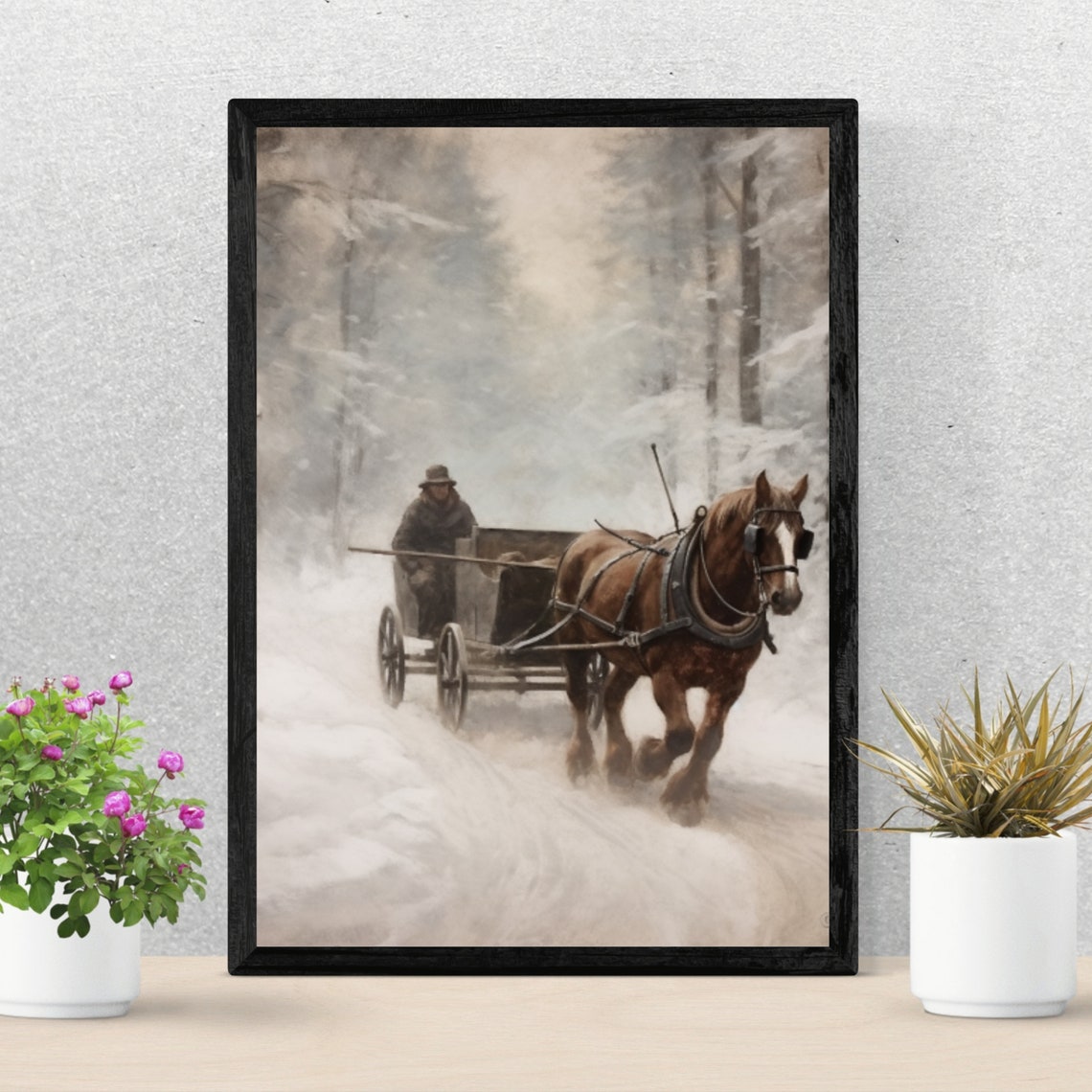 Horse Drawn Wagon Snowy Forest Winter Vintage Painting Poster - Image 4