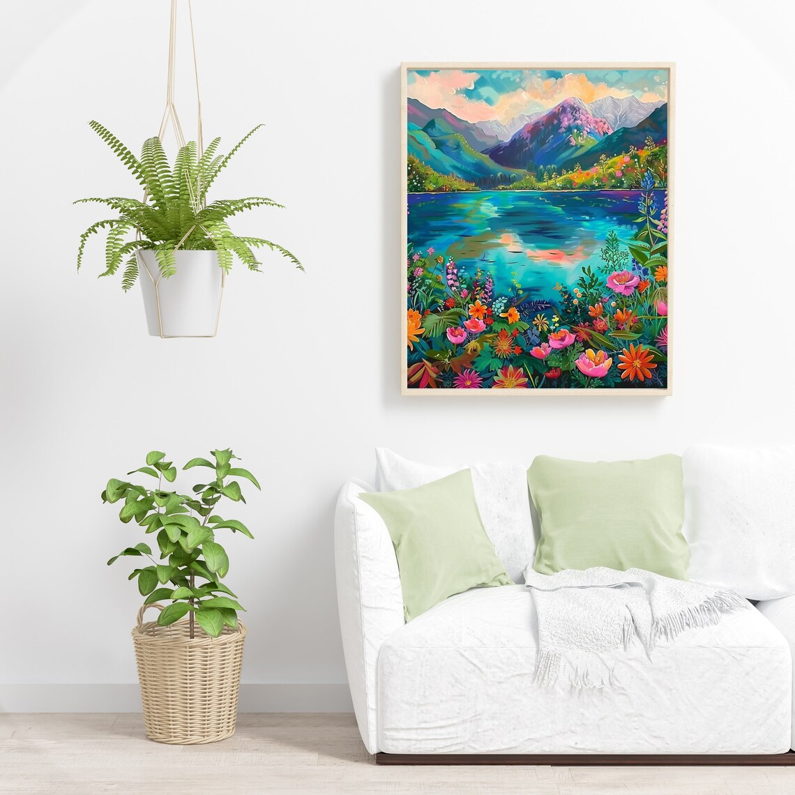 Colorful Mountain Lake With Wildflowers In Impressionist Style Print - Image 5
