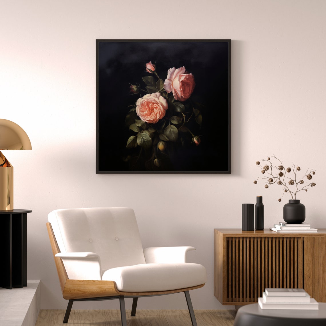 Moody Pink Roses On Black Dark Academia Floral Painting Poster - Image 5