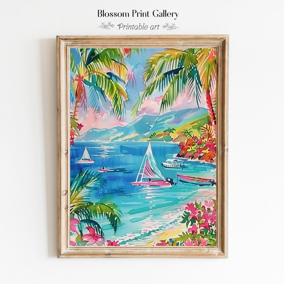 Tropical Beach Palm Trees Sailboats Bright Watercolor Poster