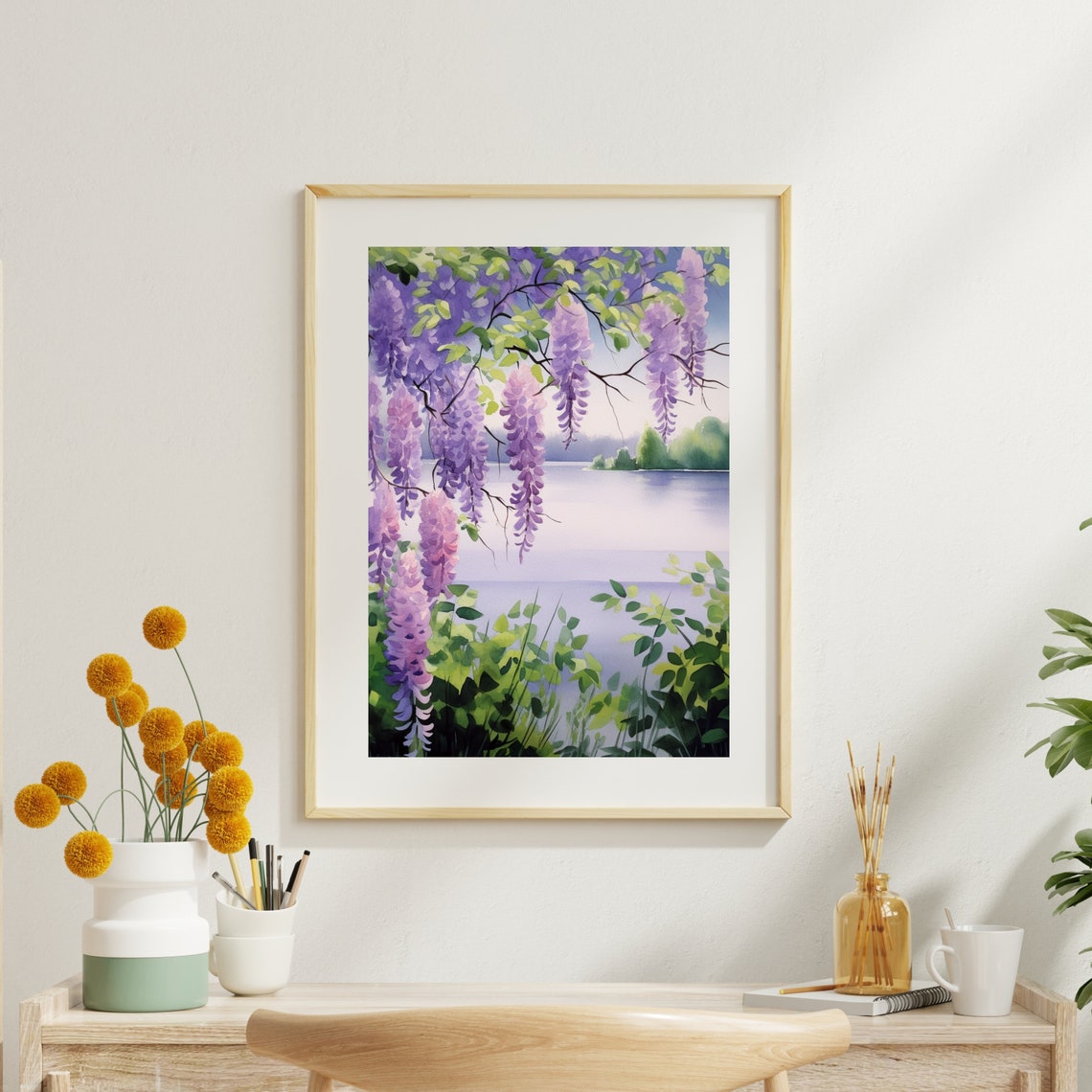 Purple Wisteria Blooming Over Calm Lake Spring Watercolor Poster - Image 4