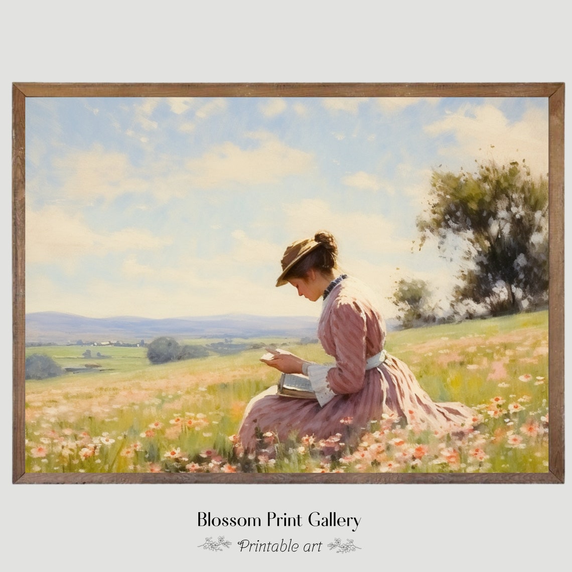Woman Reading In Pink Wildflower Field Hillside Painting Poster - Image 6
