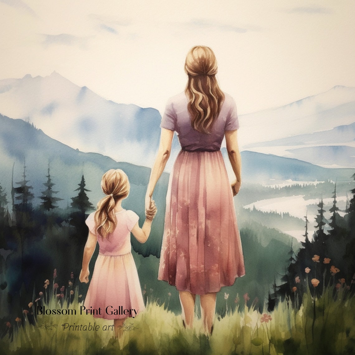 Mother and Daughter Overlooking Mountains Watercolor Painting Poster - Image 3
