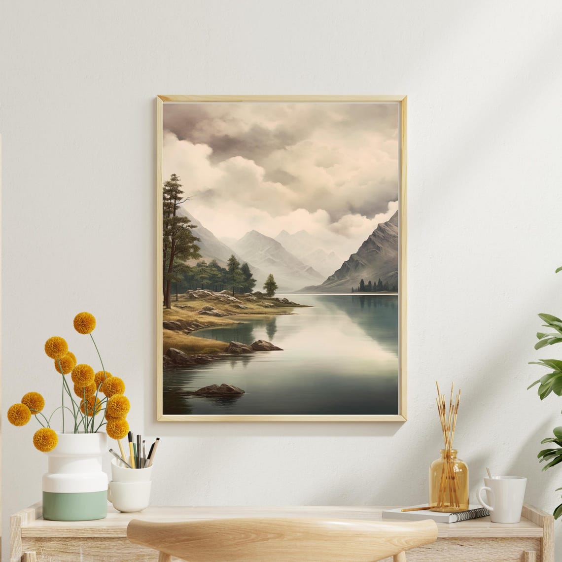 Moody Mountain Lake Under Cloudy Skies with Pine Trees Poster