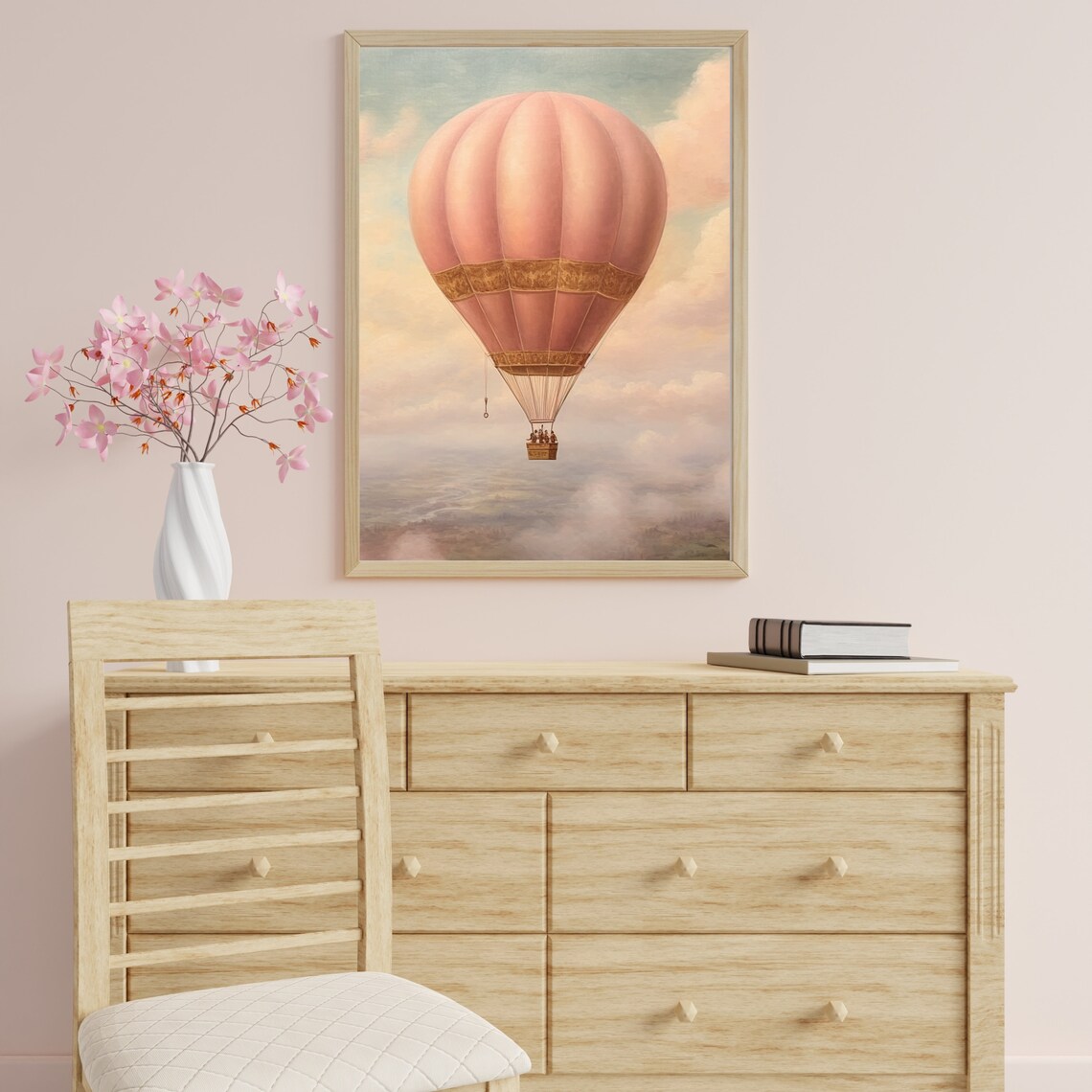Pink Vintage Hot Air Balloon in Pastel Clouds Painting Poster - Image 2