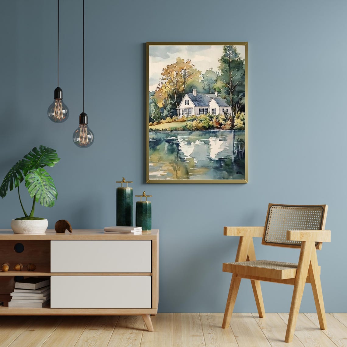 White Lake House Watercolor with Trees Reflected in Water Poster - Image 4