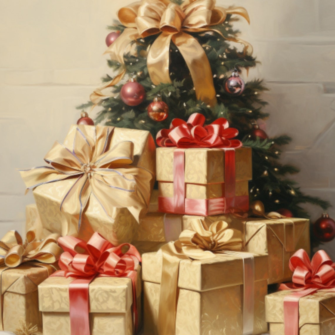 Christmas Tree with Gold Bow and Wrapped Gifts Painting Poster - Image 3