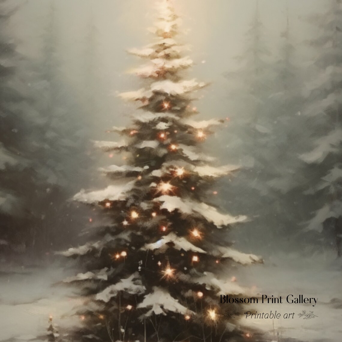 Glowing Snowy Christmas Tree in Misty Winter Forest Painting Poster - Image 3