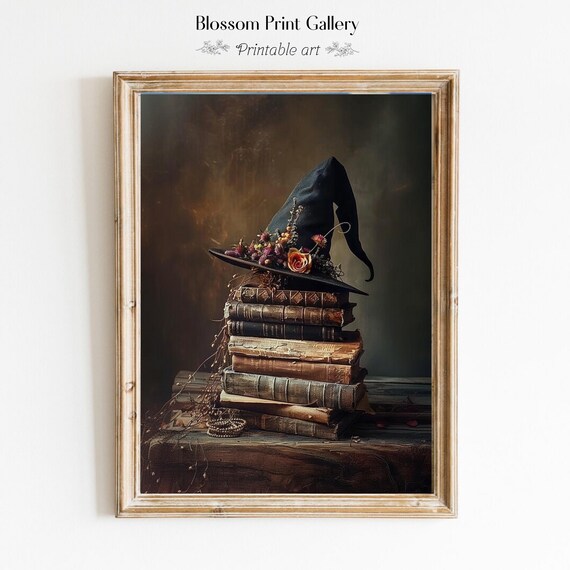 Witch Hat On Stack Of Antique Books Dark Halloween Painting Poster