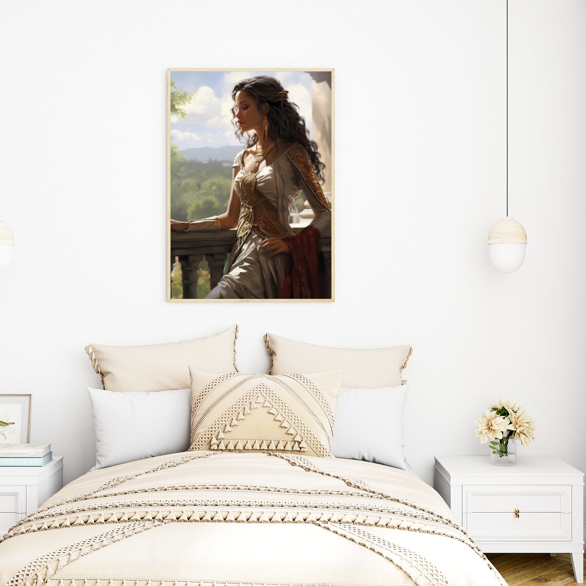 Elegant Woman on a Sunlit Balcony Classical Beauty Portrait Poster - Image 4