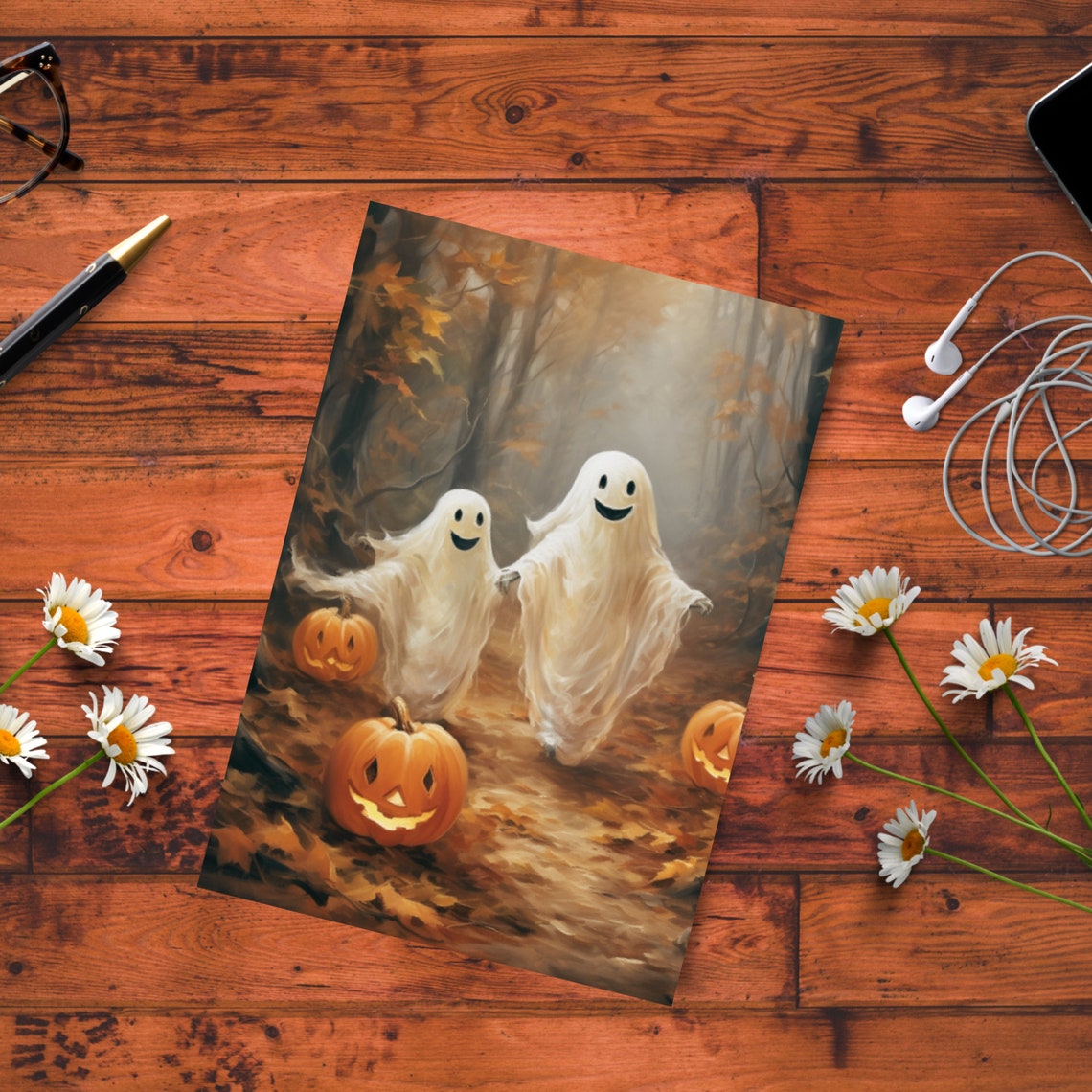 Cute Ghosts with Jack O Lanterns in Autumn Forest Painting Poster - Image 4