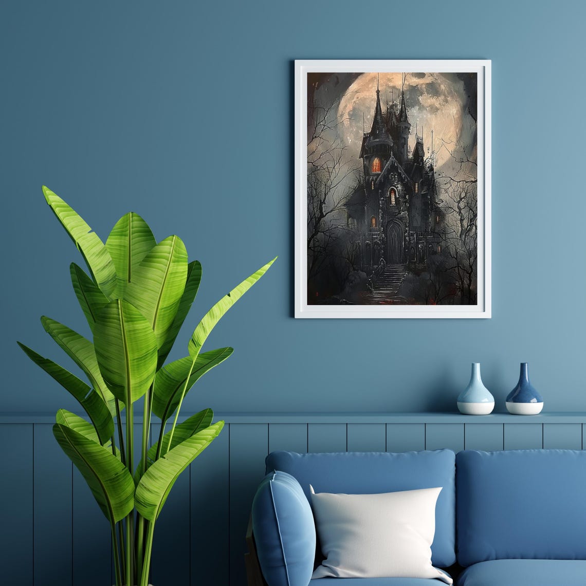 Gothic Haunted Castle under Full Moon Dark Halloween Painting Poster - Image 6