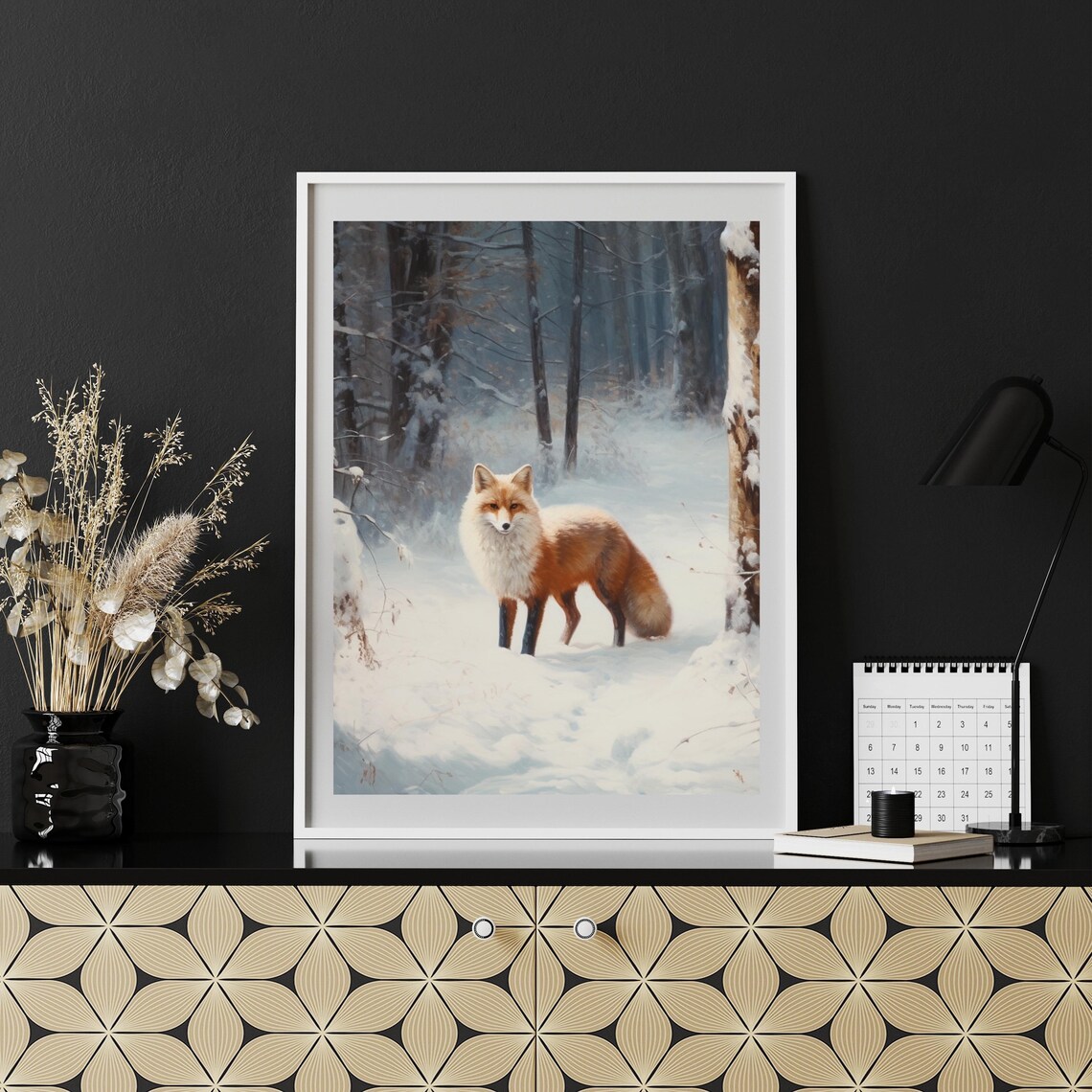 Red Fox In Snowy Winter Forest Rustic Woodland Animal Portrait Poster - Image 5