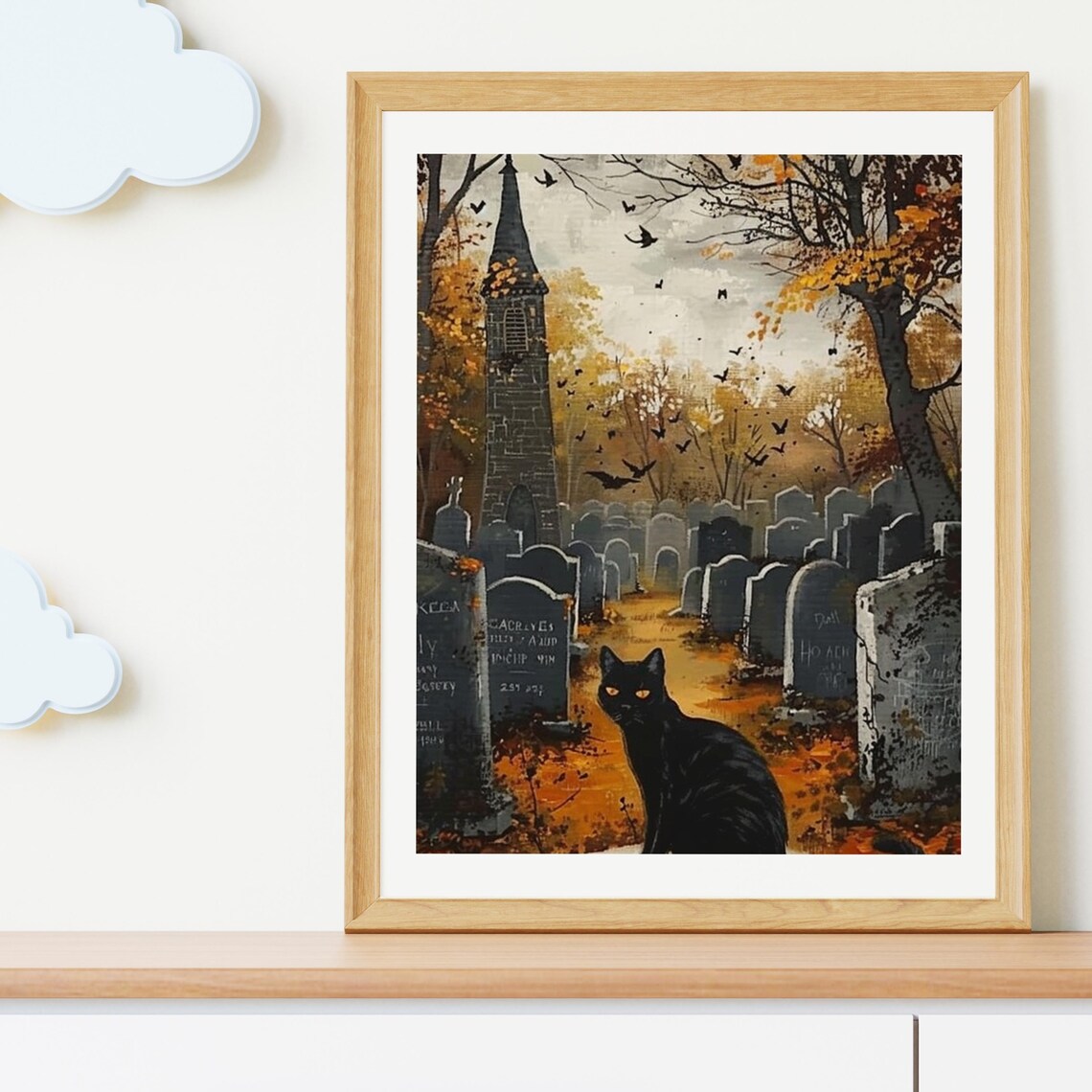 Black Cat In Autumn Graveyard With Old Church Halloween Painting Poster - Image 2