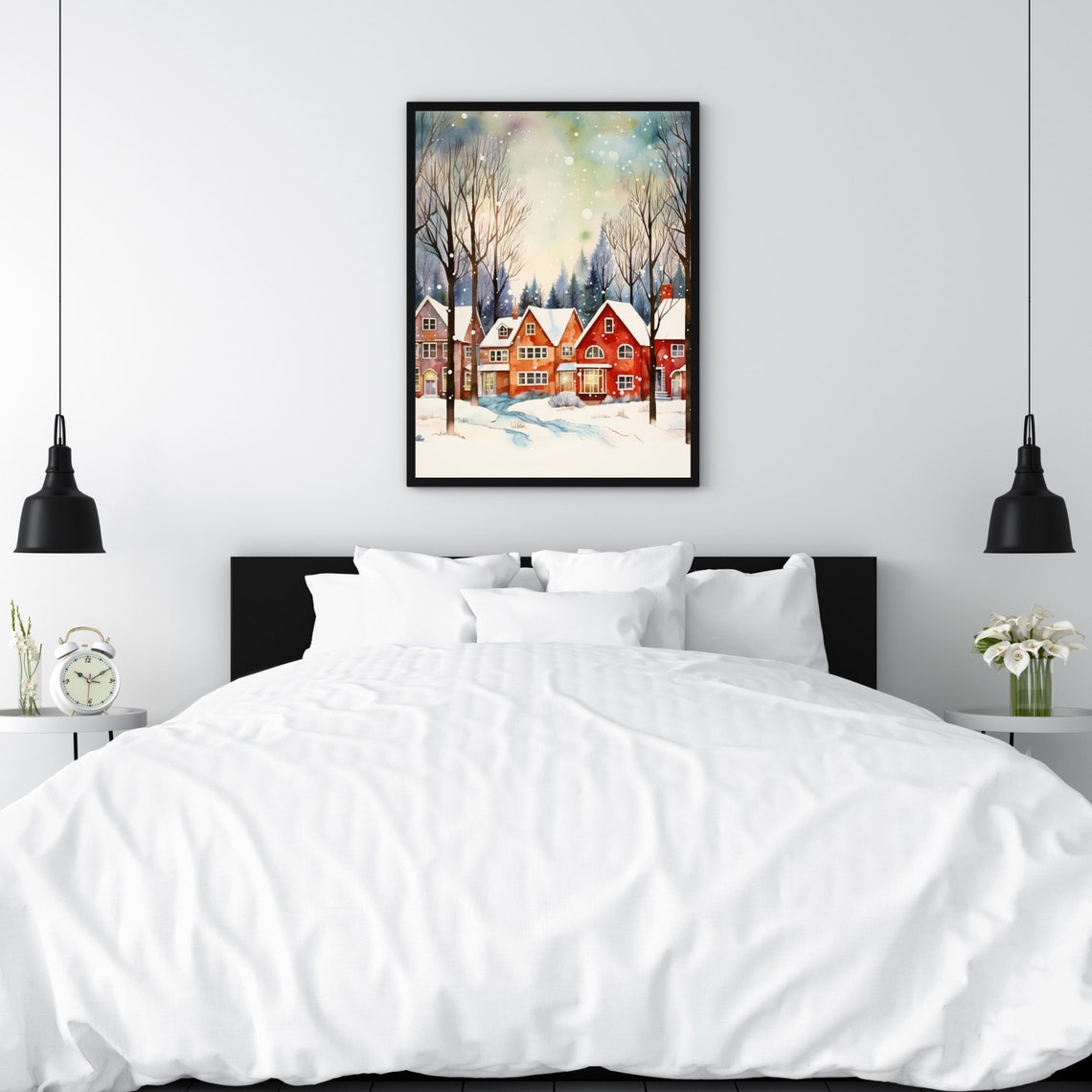 Watercolor Snowy Village with Red Brick Houses Winter Poster - Image 5