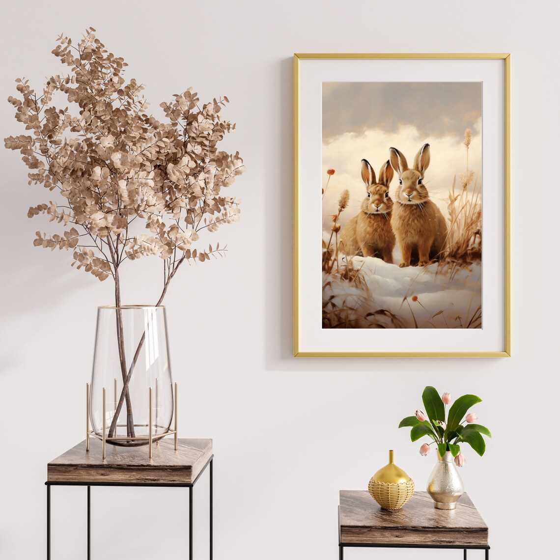 Two Brown Hares In Snowy Winter Field Wildlife Painting Poster - Image 5