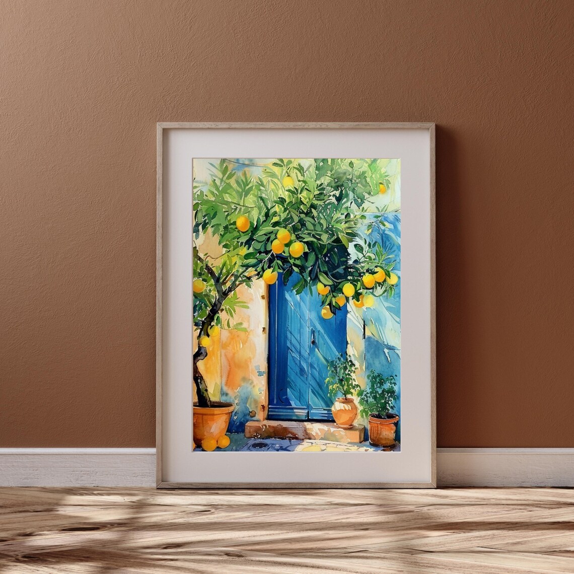 Lemon Tree Watercolor with a Bright Blue Mediterranean Door Wall Art - Image 5